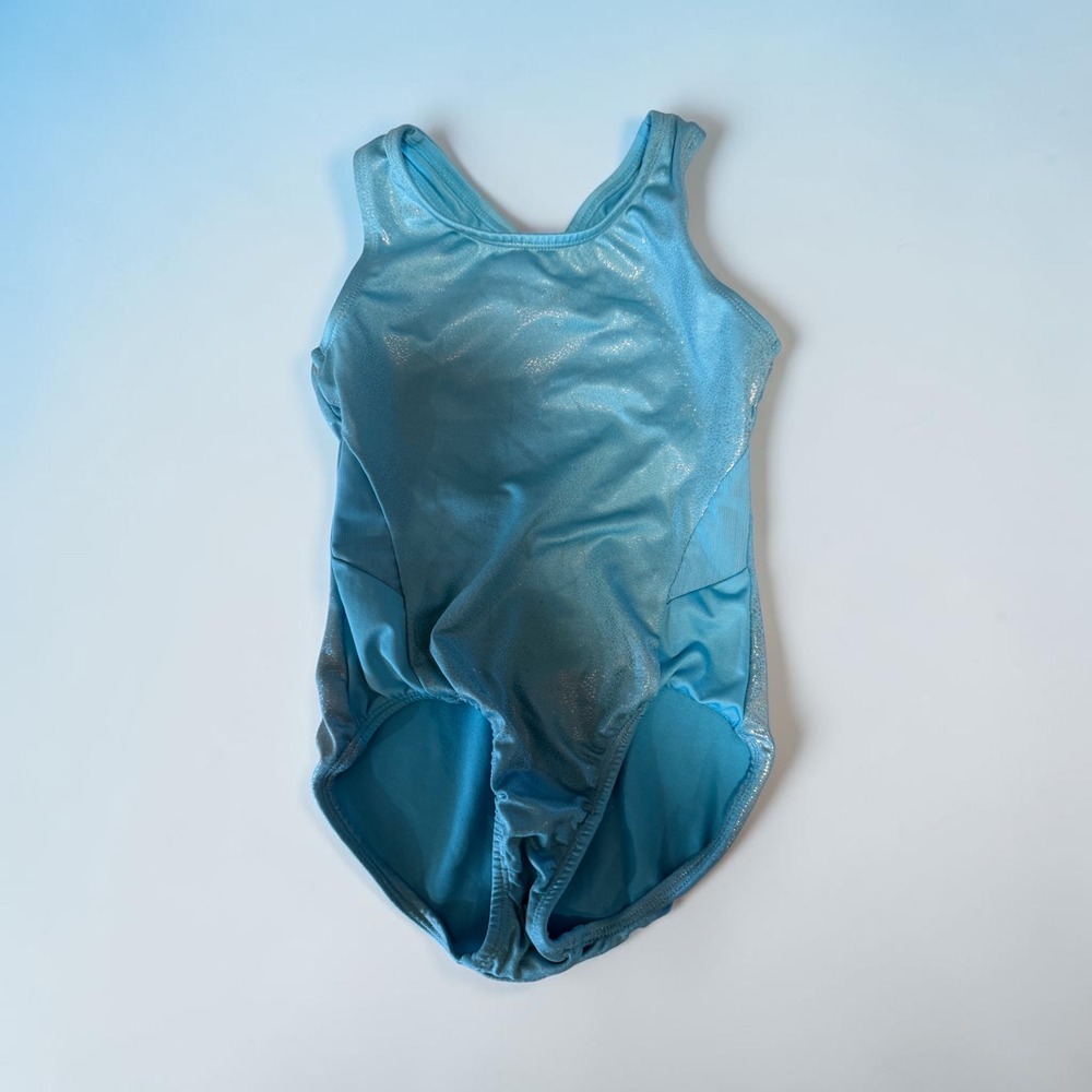 More Than Magic Girls Blue Shimmer Gymnastics Leotard Criss Cross Back Size 6/6X